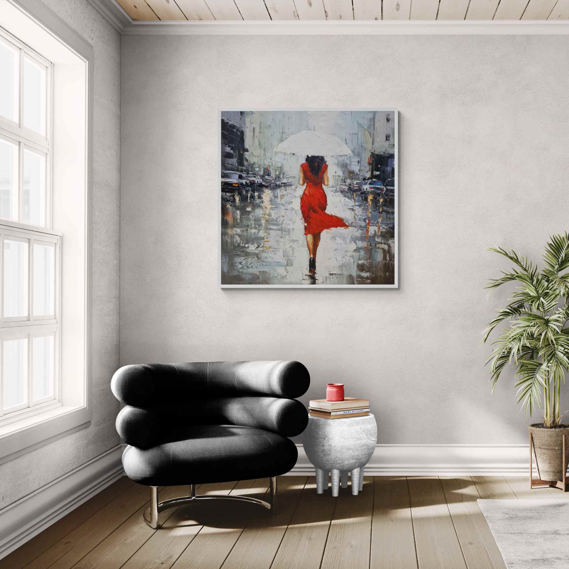 Pintura al óleo de mujer con escena urbana emocional