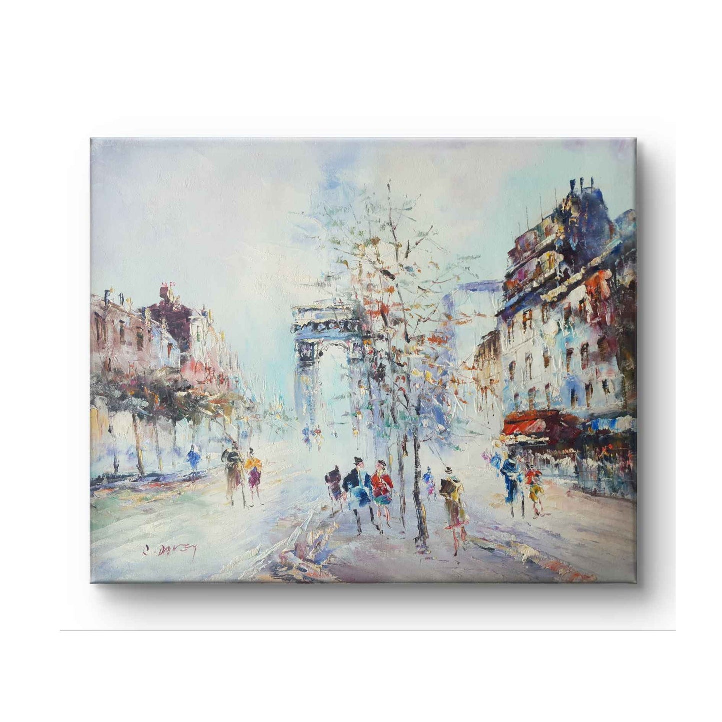 Cuadro de París en estilo impresionista con el Arco de Triunfo al fondo con pinceladas coloridas