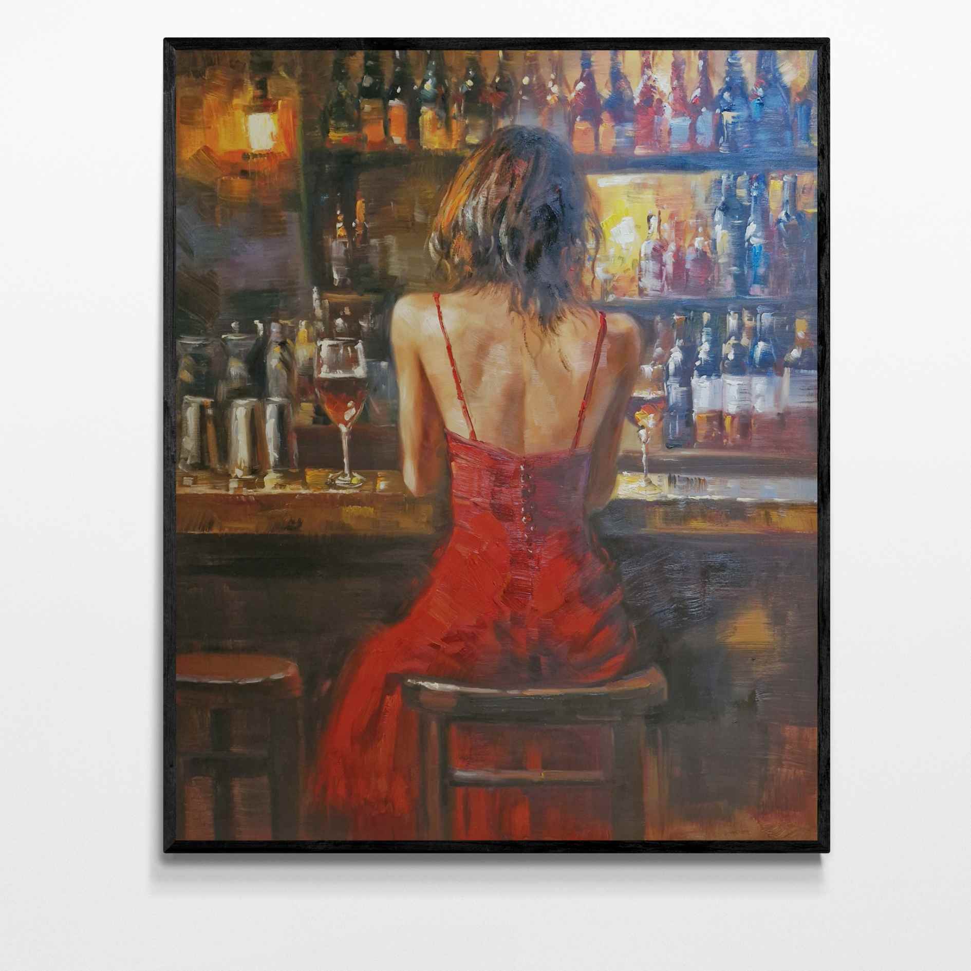 Cuadro al óleo de mujer sentada en barra de bar con vestido rojo