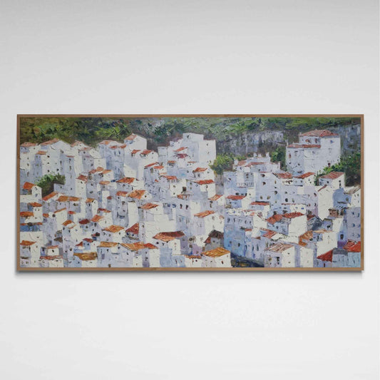 Cuadro panorámico de casas blancas pintado a mano con óleo