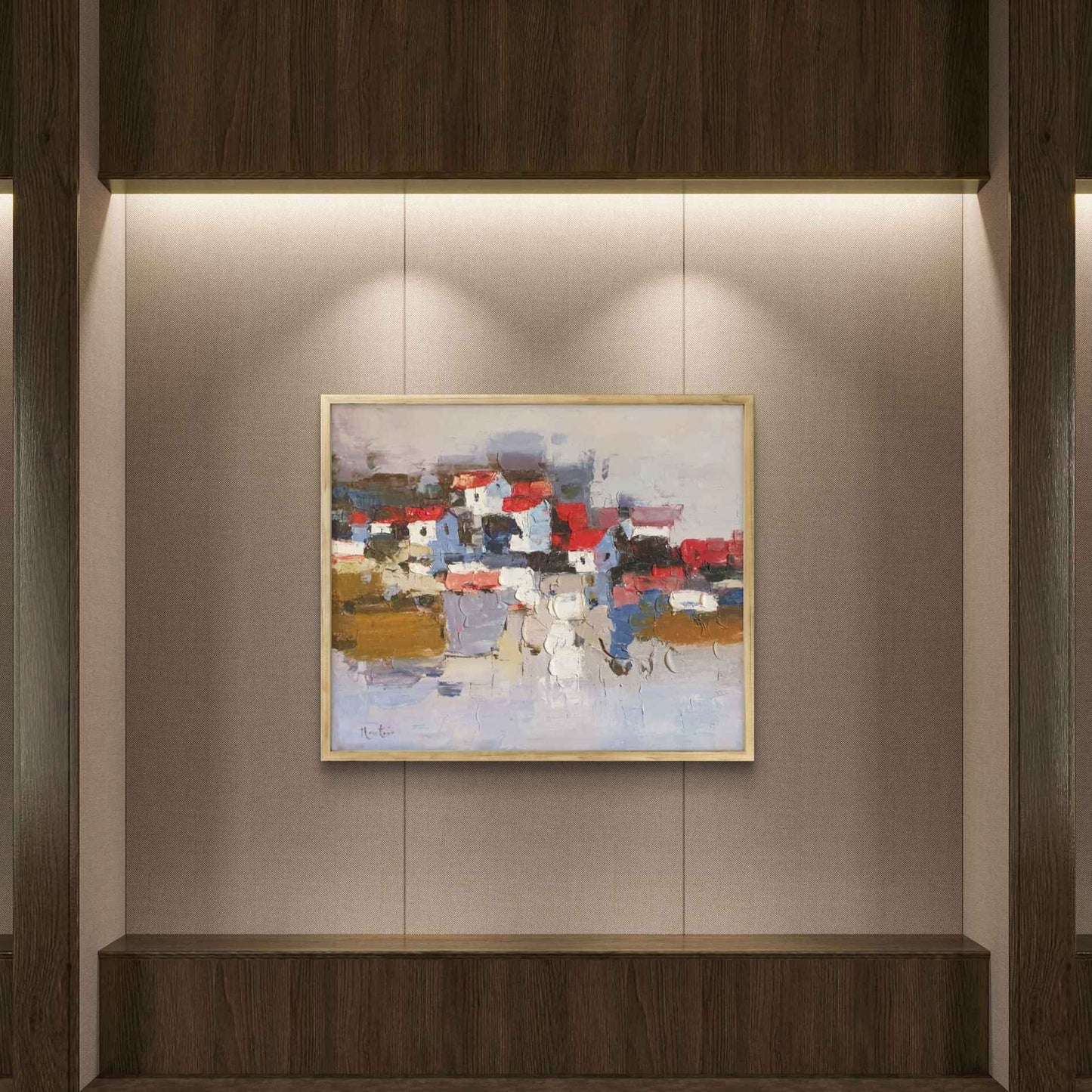 Pintura artística de pueblo moderno con tejados rojos y textura gruesa en estilo contemporáneo