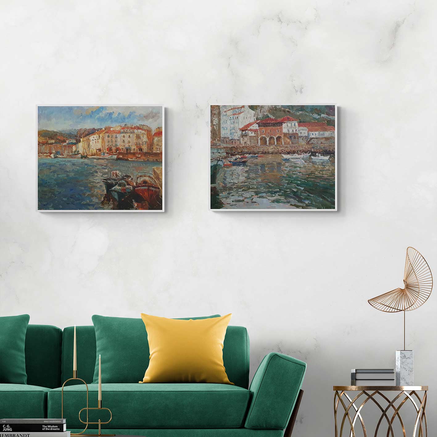 Set de dos cuadros de paisaje costero con barcos y arquitectura