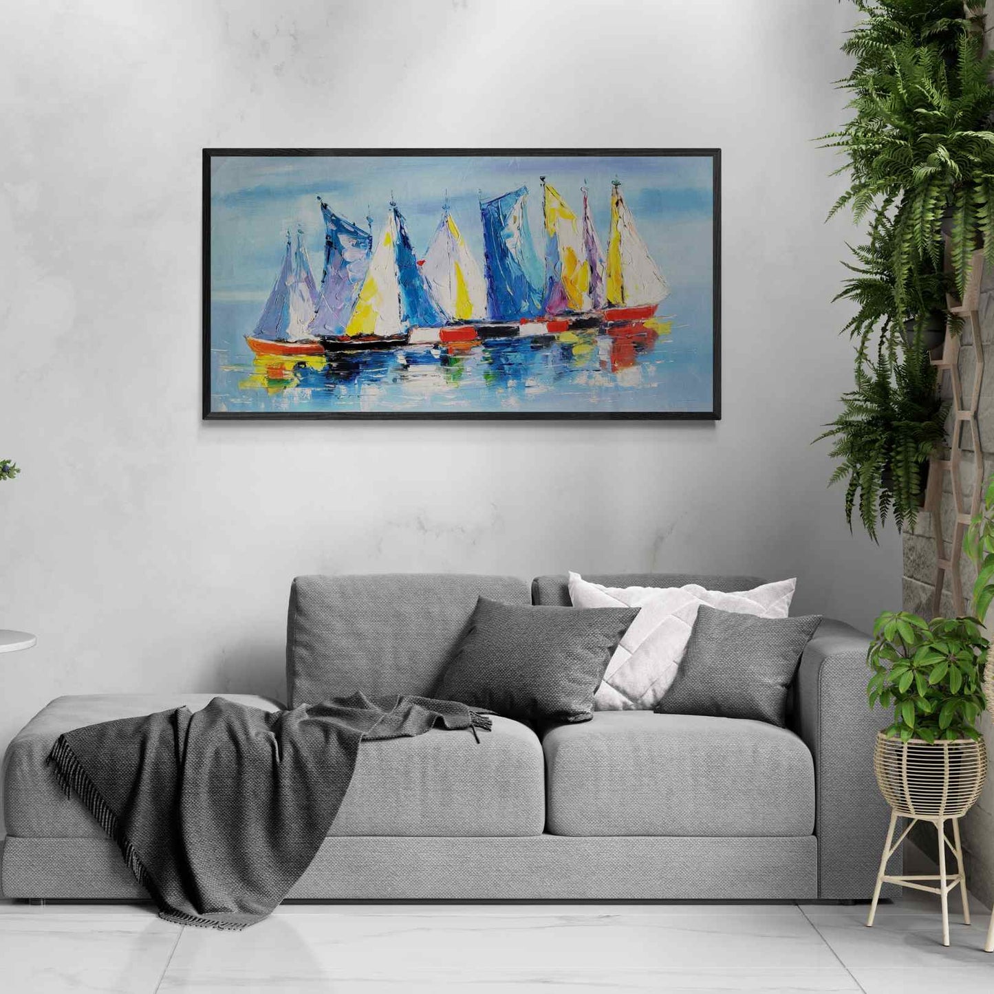 Cuadro Oleo Lienzo Pintura Barcos Colores 120x60 cm