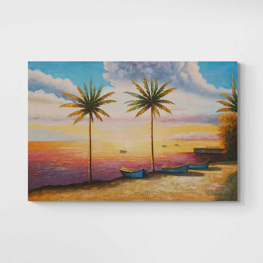 Cuadro Oleo Lienzo las Palmeras Junto al Mar 90x60 cm