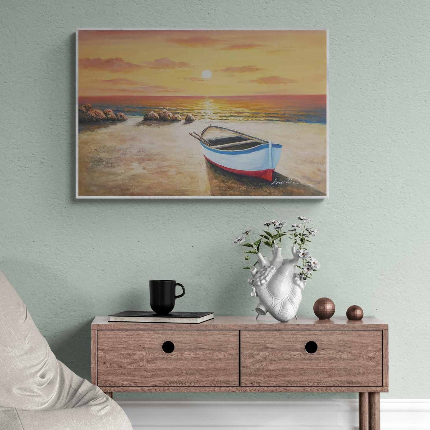 Cuadro Oleo Lienzo Pintura las Barcas, la Playa y el Atardecer 90x60 cm