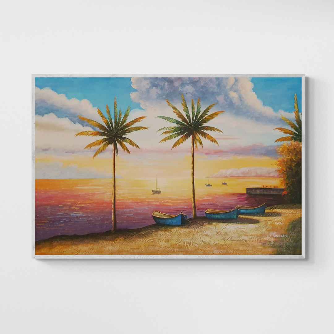Cuadro Oleo Lienzo las Palmeras Junto al Mar 90x60 cm