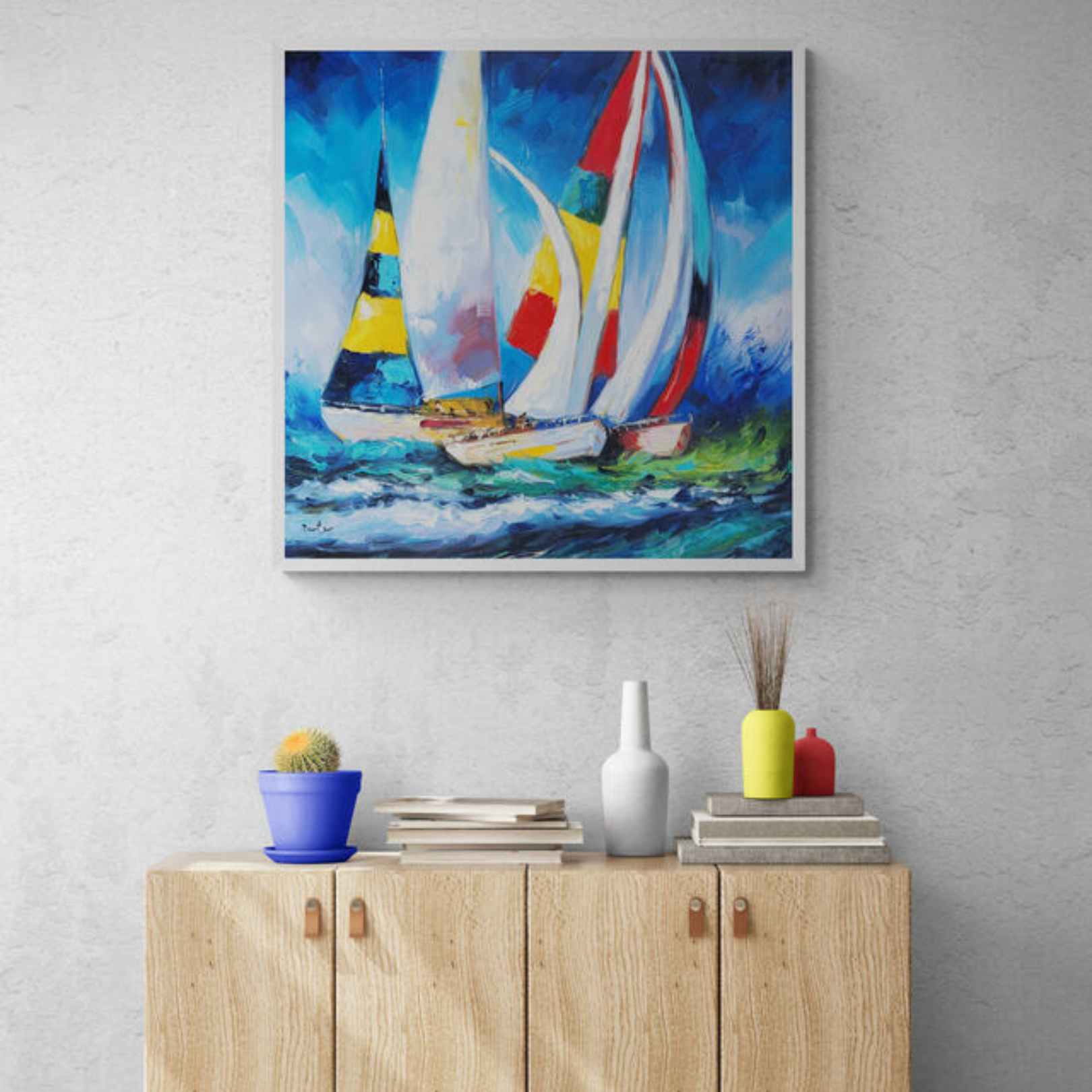 Cuadro Pintura Barcos Arcoiris 80x80 cm