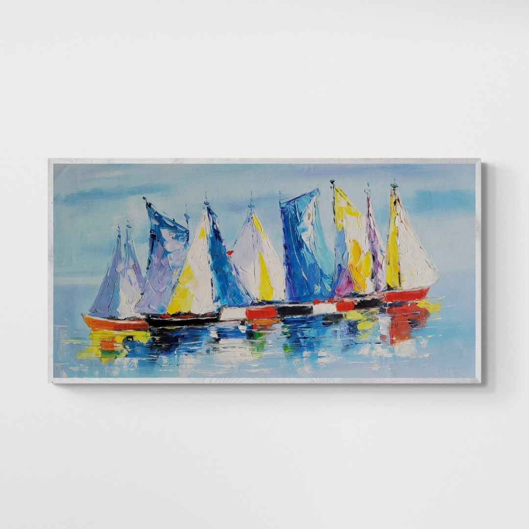 Cuadro Oleo Lienzo Pintura Barcos Colores 120x60 cm