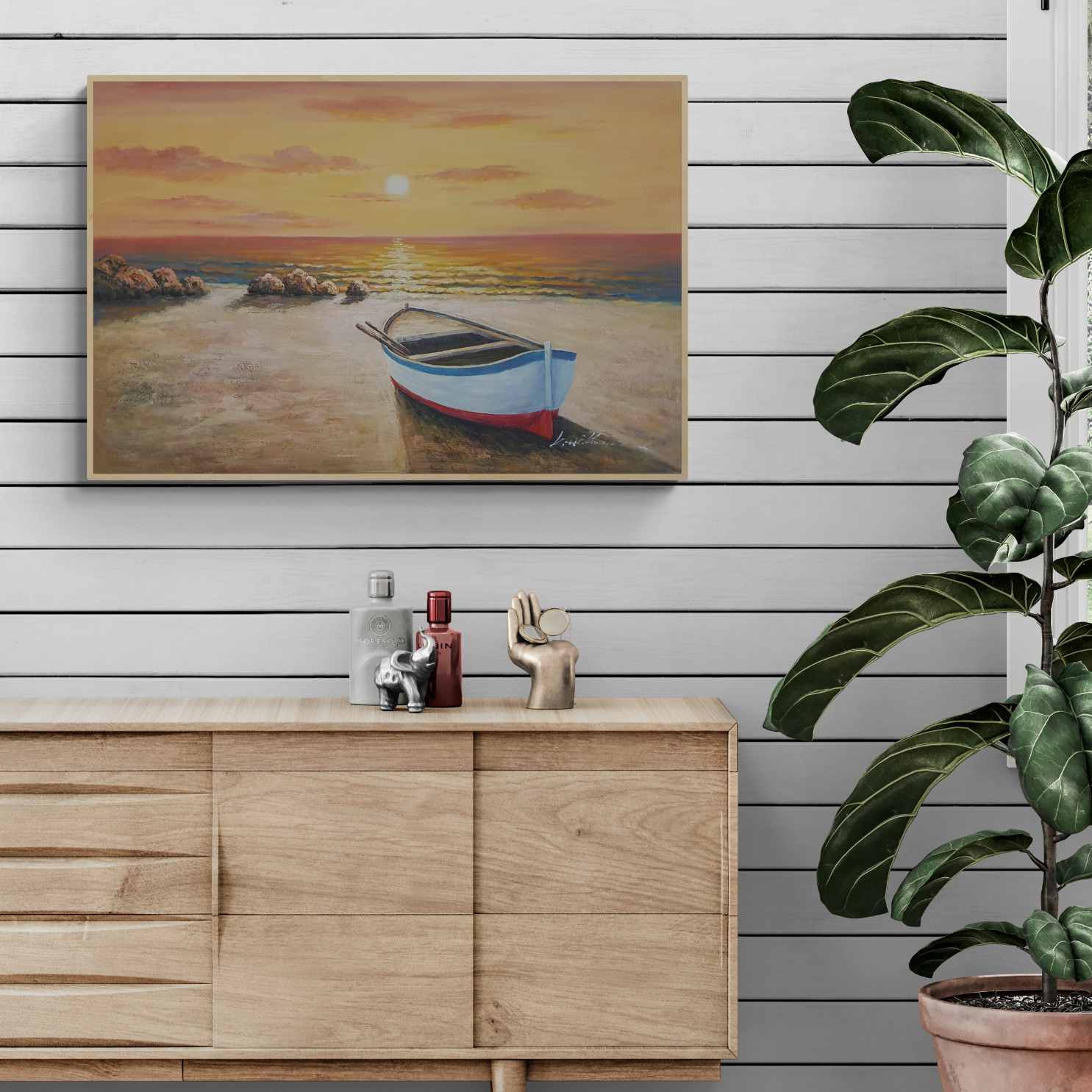 Pintura las Barcas, la Playa y el Atardecer 90x60 cm