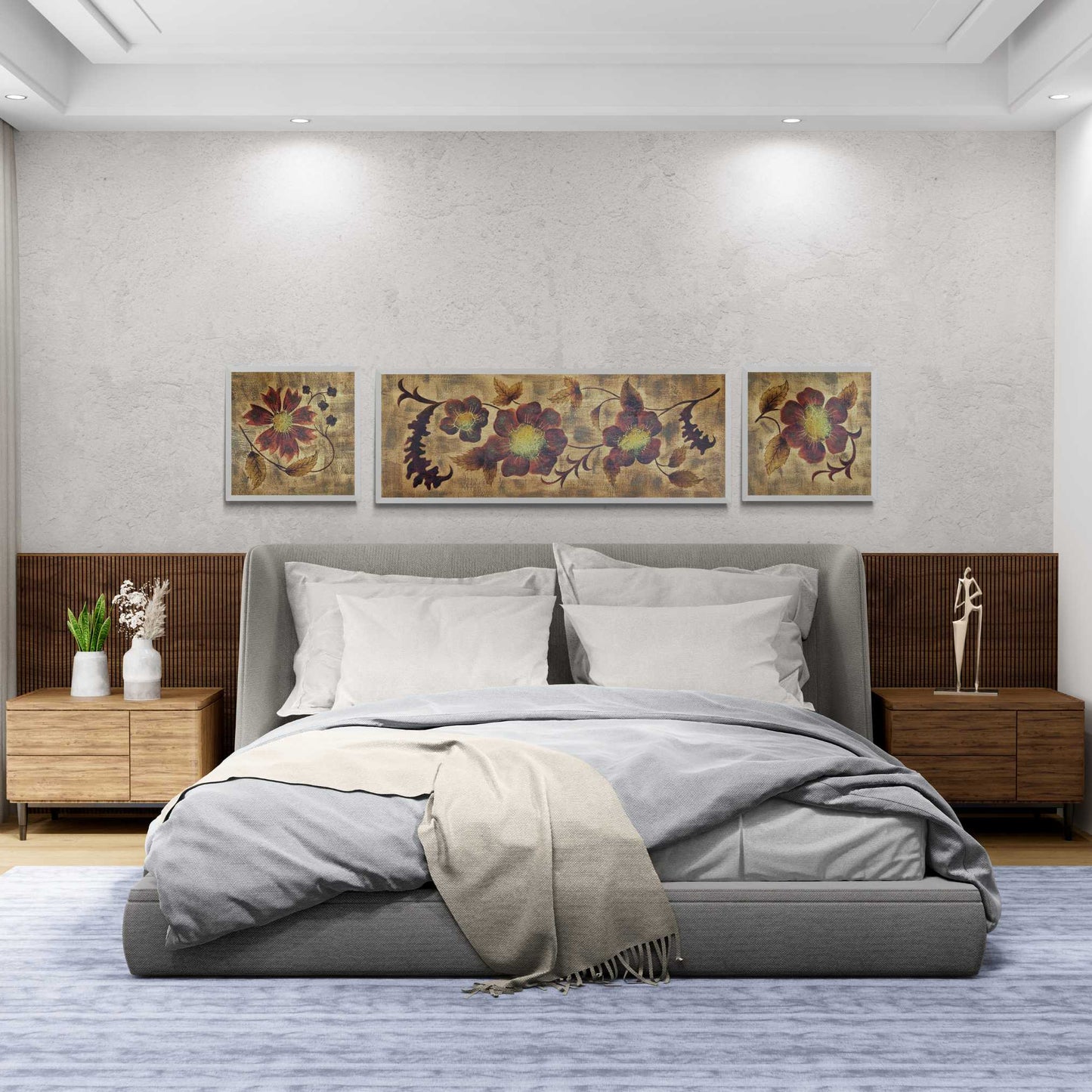 Cuadro Triptico Decoracion Oro Flor 200x40 cm