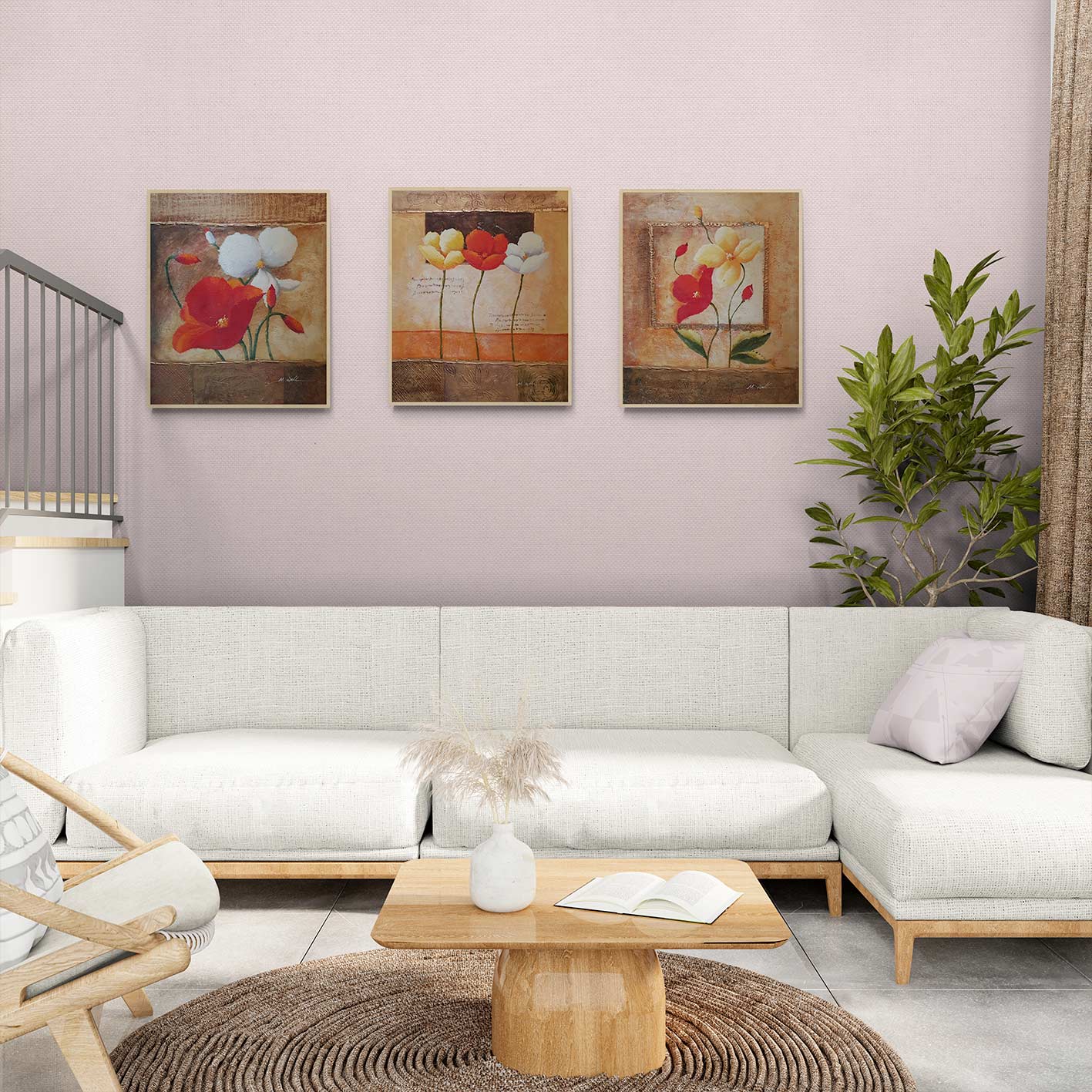 Cuadro Triptico Flores Oro 50x60 cm [3 piezas]