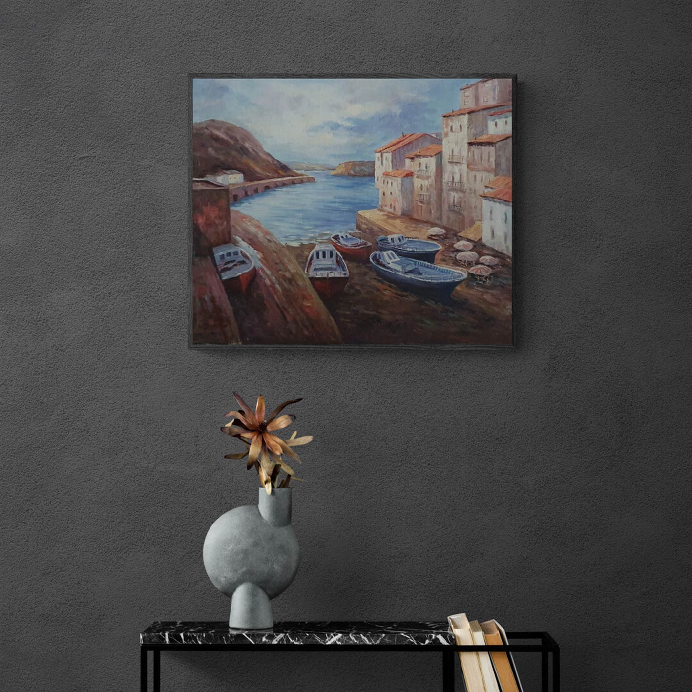 Pintura de paisaje marino con casas mediterráneas y tonos vibrantes