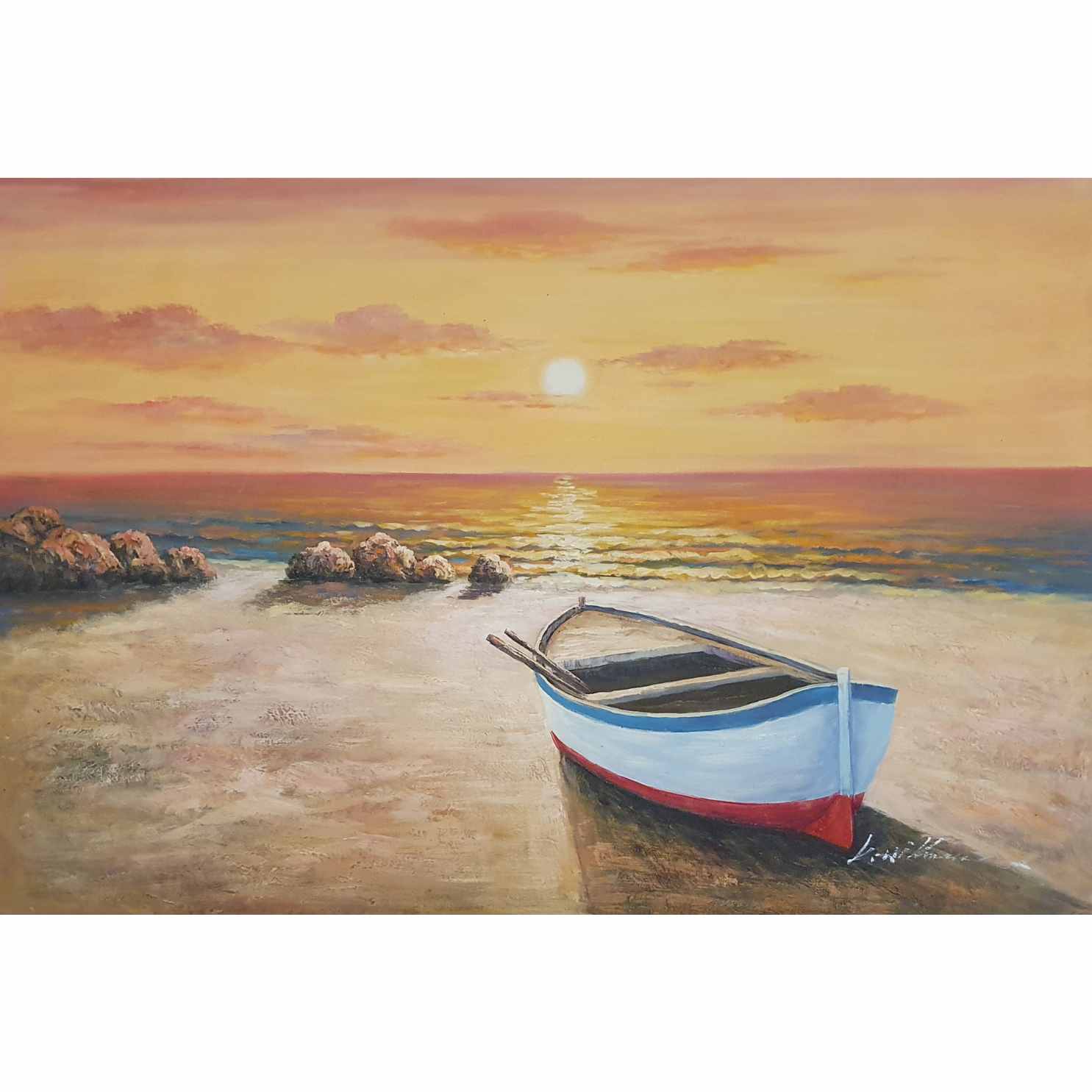 Cuadro Oleo Lienzo Pintura las Barcas, la Playa y el Atardecer 90x60 cm