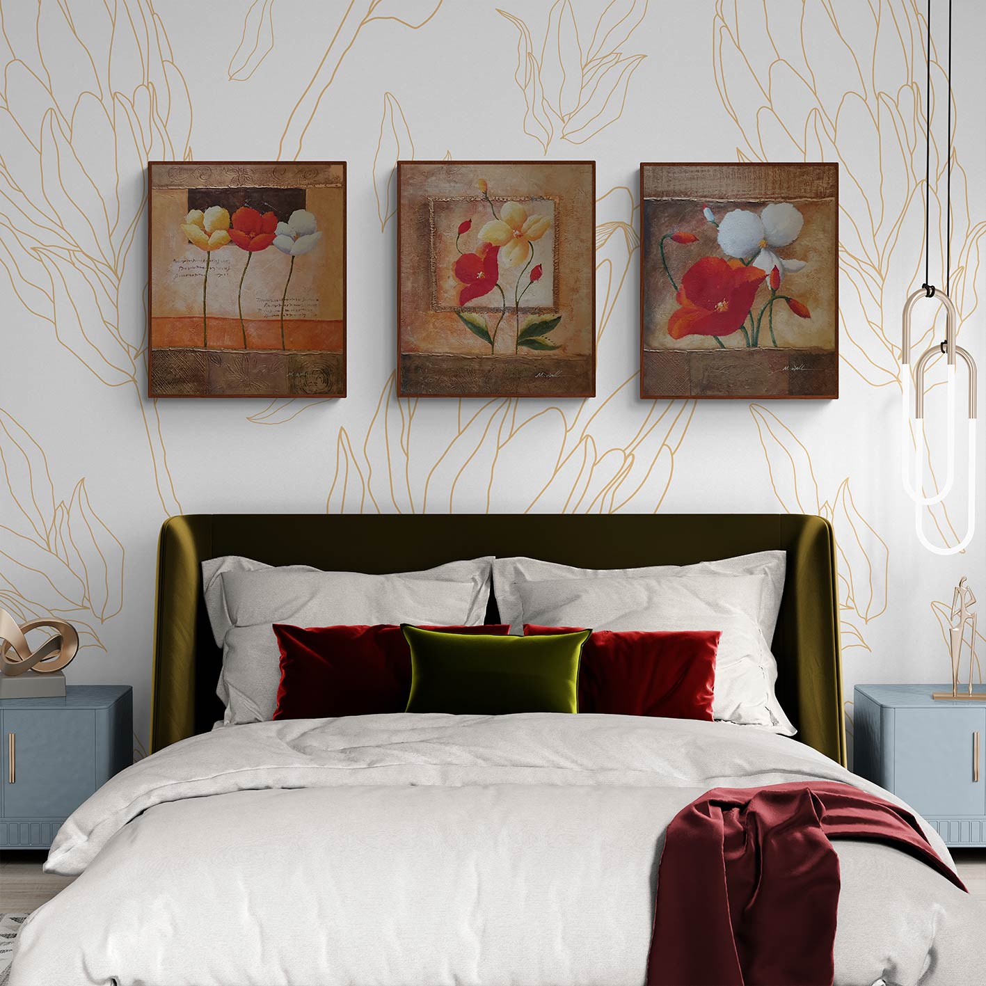 Cuadro Triptico Flores Oro 50x60 cm [3 piezas]