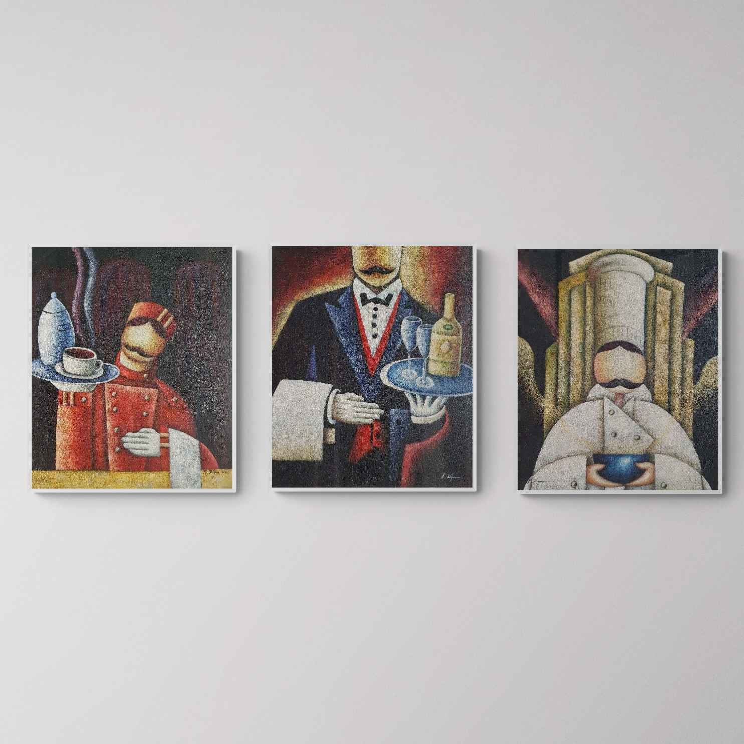 Cuadro Tríptico de Cocina Chef y Camareros Vintage para decoración de pared