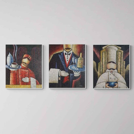 Cuadro Tríptico de Cocina Chef y Camareros Vintage para decoración de pared