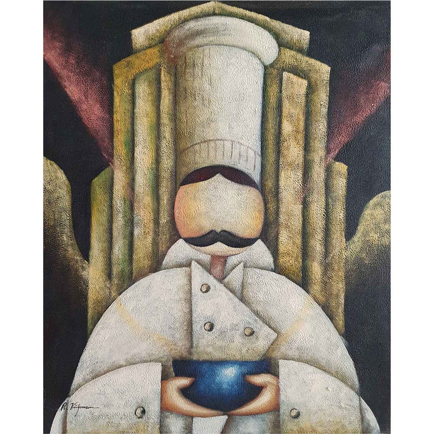 Cuadro triptico de cocina con chef y camareros estilo vintage