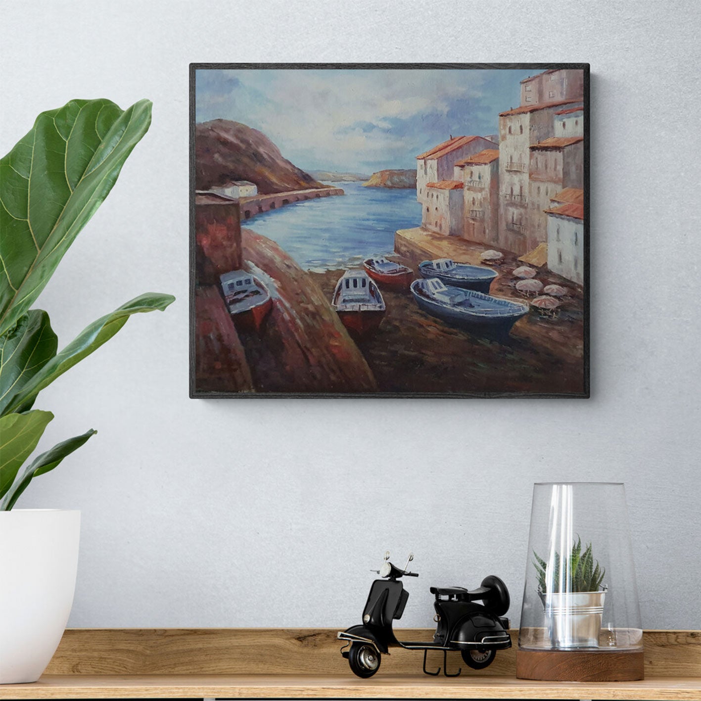Cuadro al óleo Varadero 50x60 cm – Barcos varados en un puerto costero