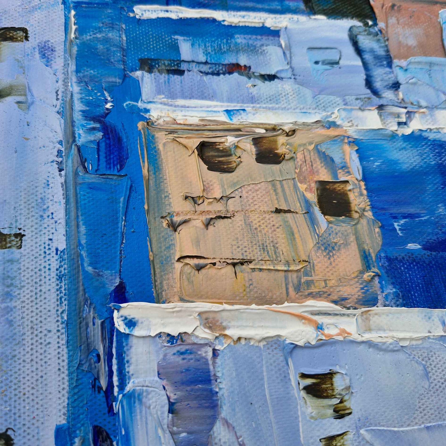 Detalle de pinceladas en óleo sobre lienzo Laberinto Azul