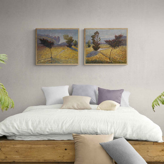 Set de 2 cuadros decorativos con paisaje amarillo y árboles