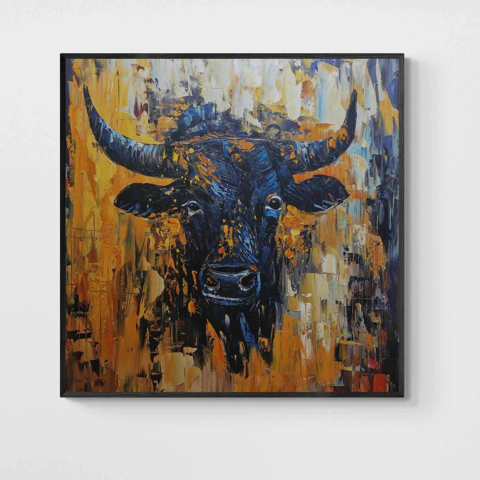 Cuadro de toro bravo al óleo pintado a mano con fondo abstracto