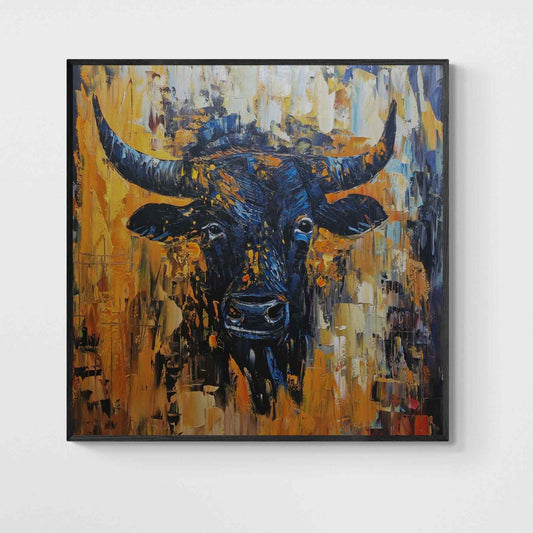 Cuadro de toro bravo al óleo pintado a mano con fondo abstracto