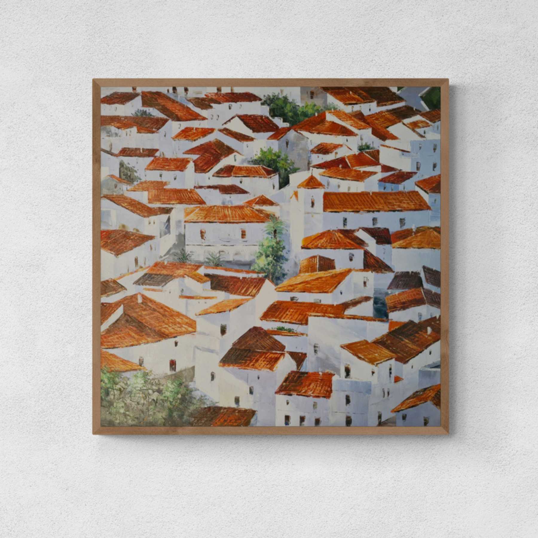 Cuadro de pueblo blanco con tejados rojos al óleo