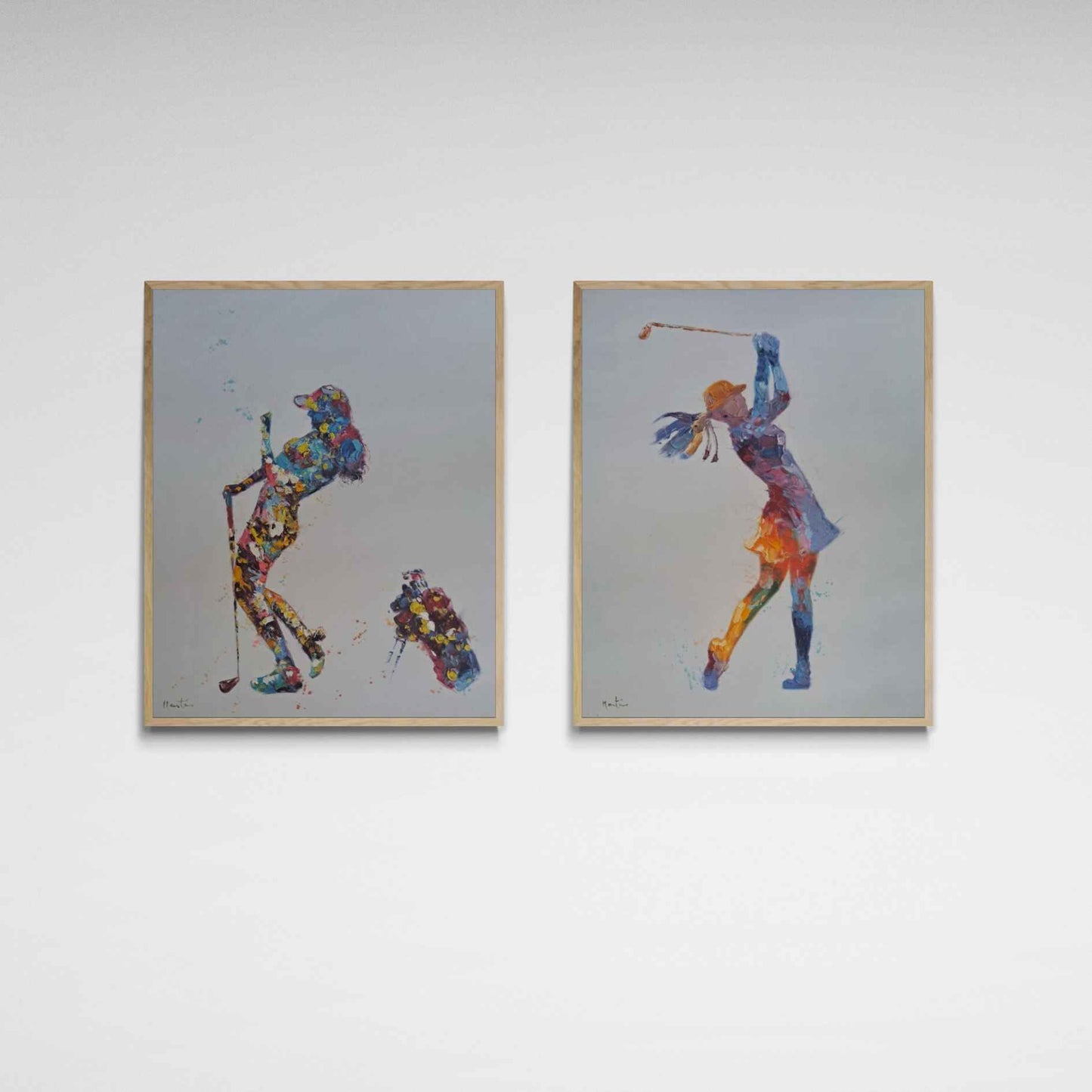 Pintura figurativa de mujer jugando al golf