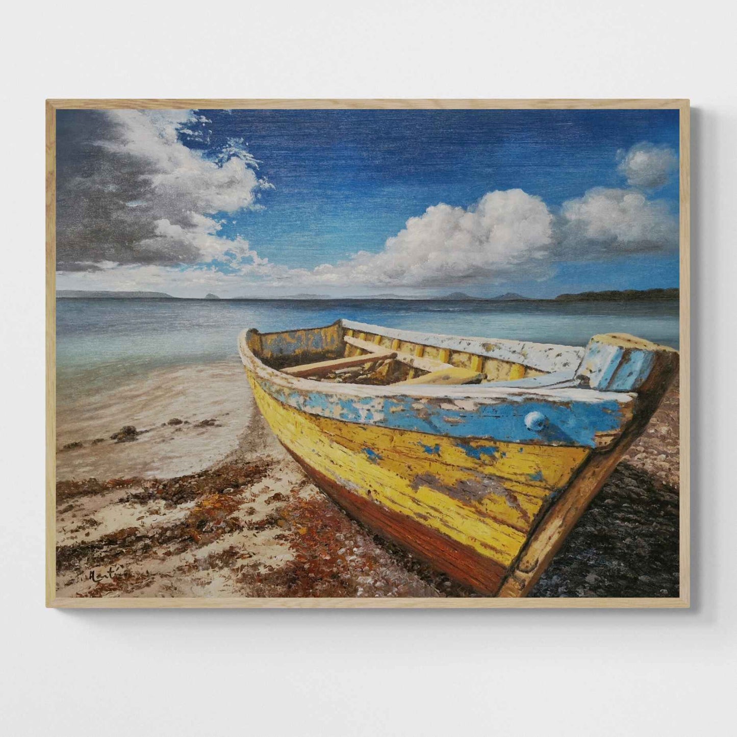 Cuadro pintado a mano de barca en la orilla