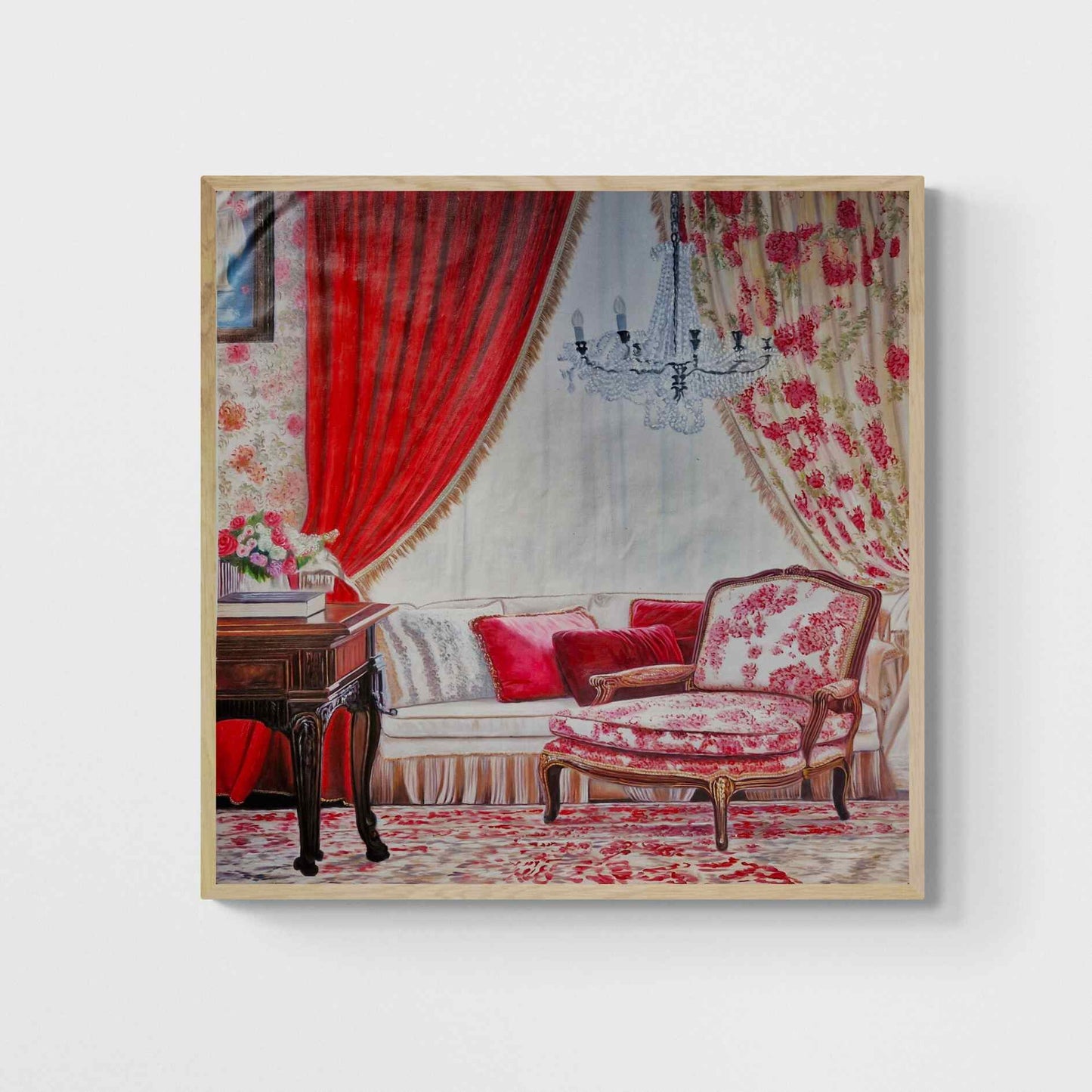 Pintura clásica con sillón floral en rojo y blanco