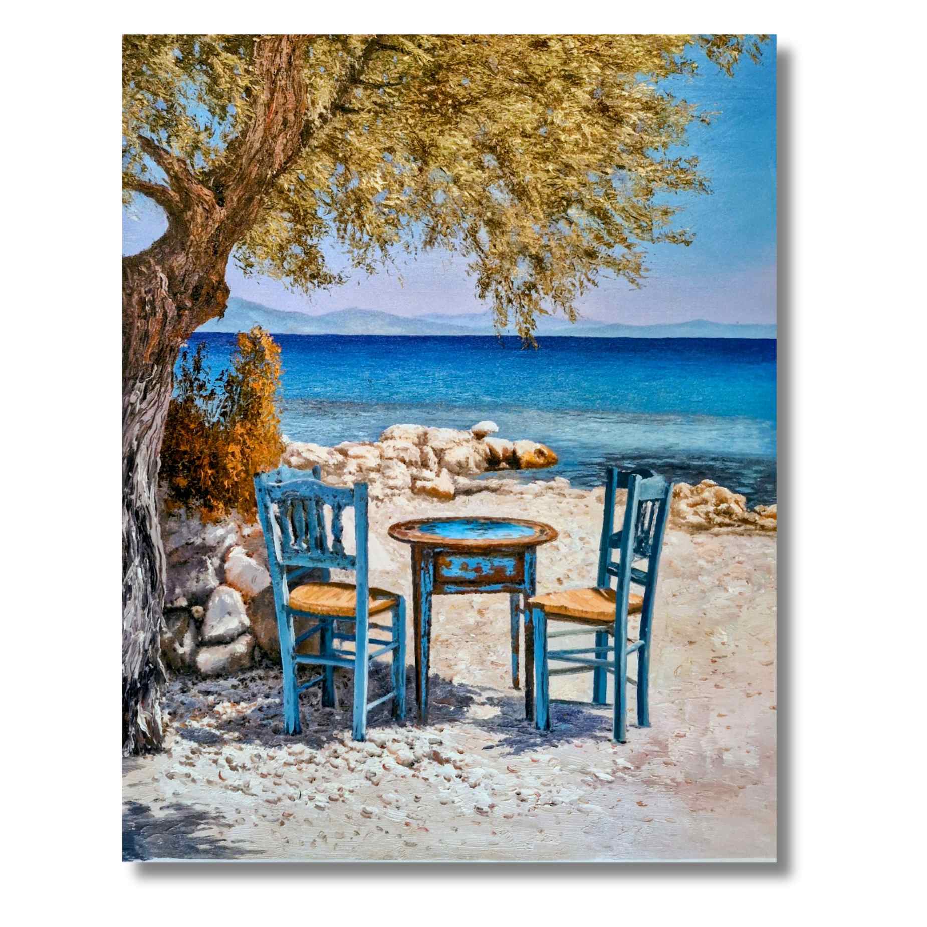 Pintura al oleo terraza junto al mar estilo mediterraneo cuadro decorativo para salon