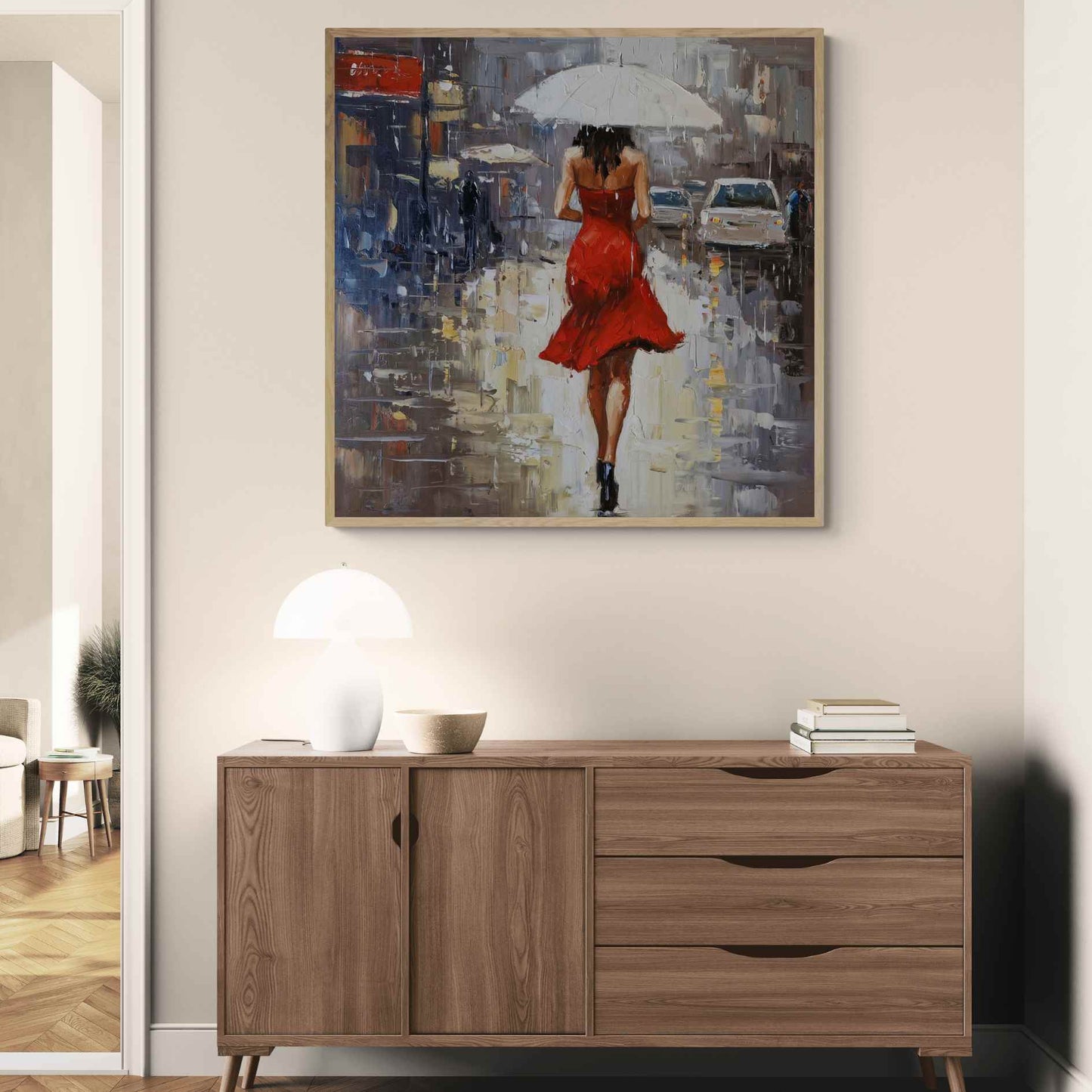 Pintura al óleo urbana con paraguas y escena urbana lluviosa
