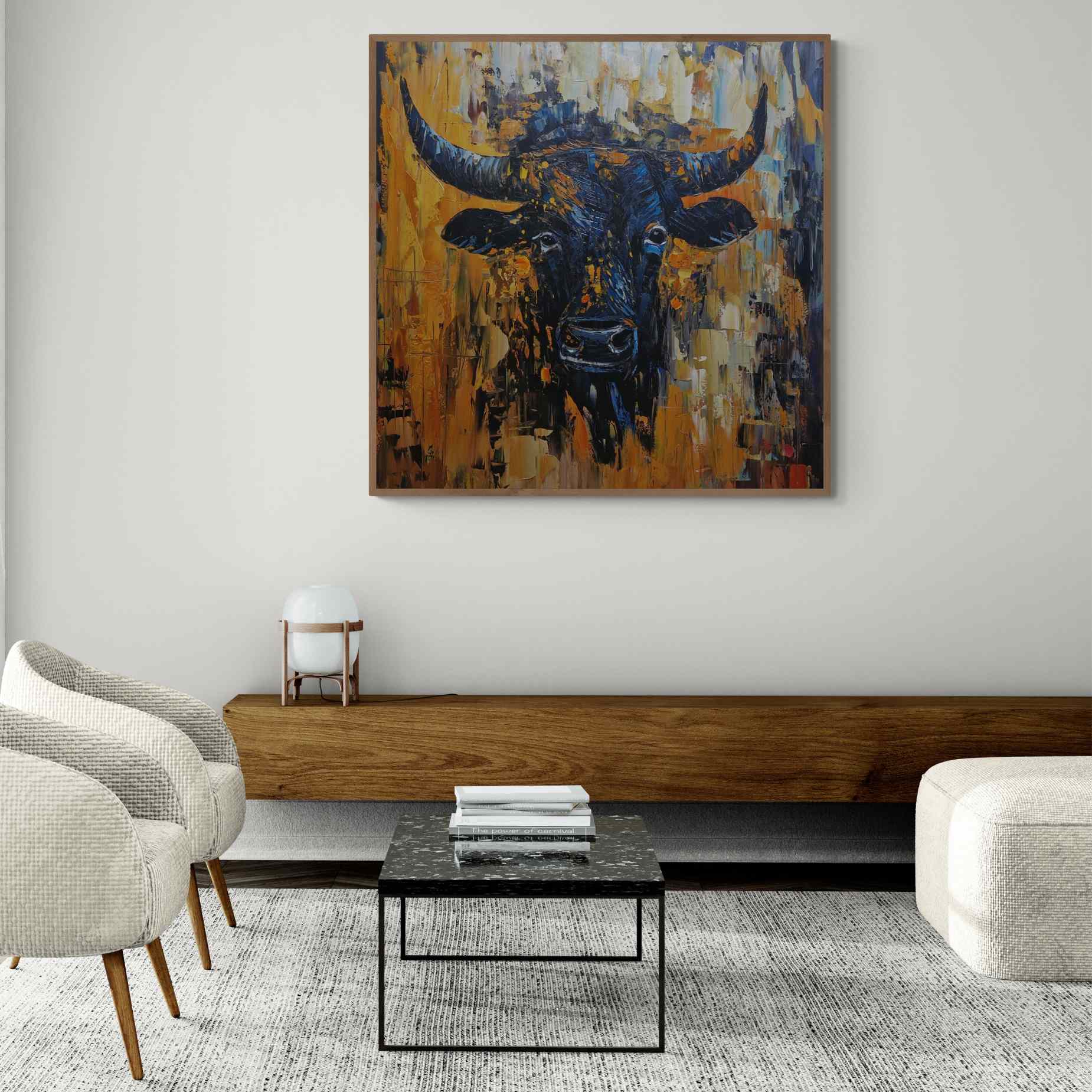 Lienzo moderno con figura de toro y fondo expresionista