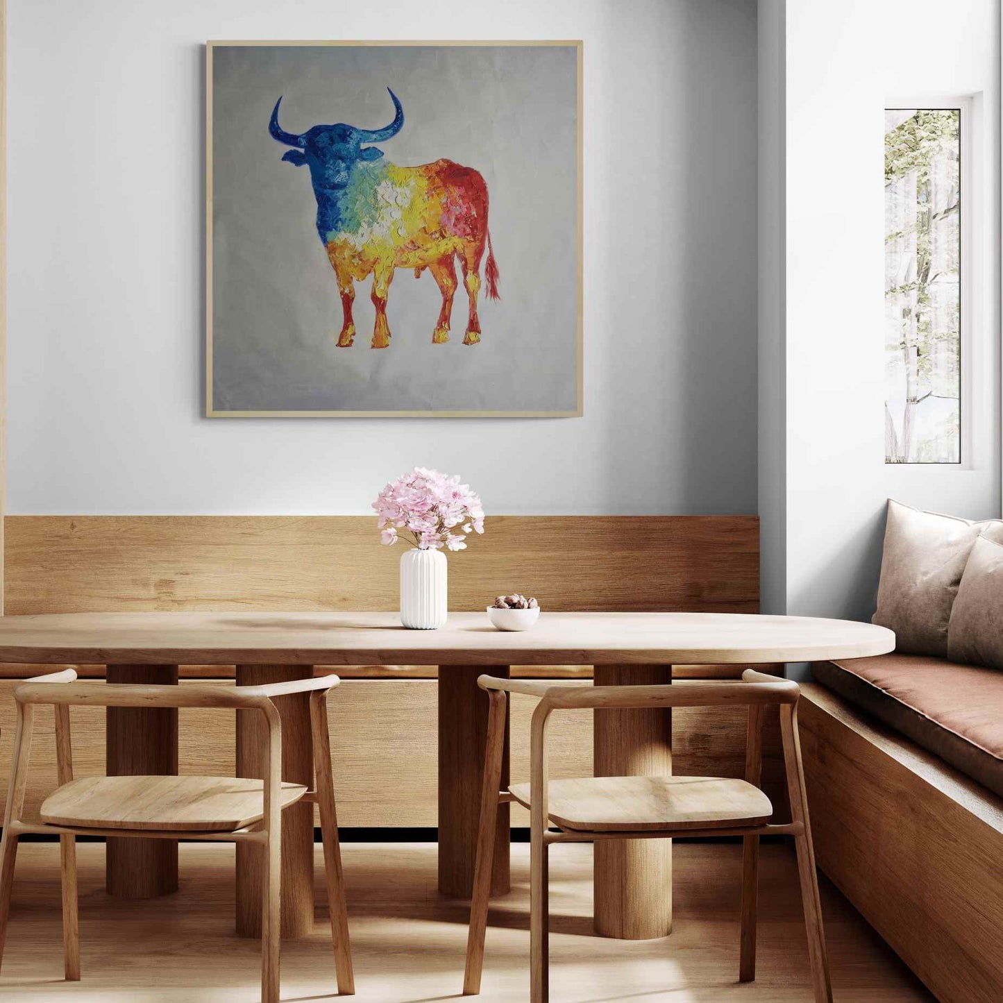Arte moderno de un toro dinámico, con una combinación armónica de colores y un fondo sutil.