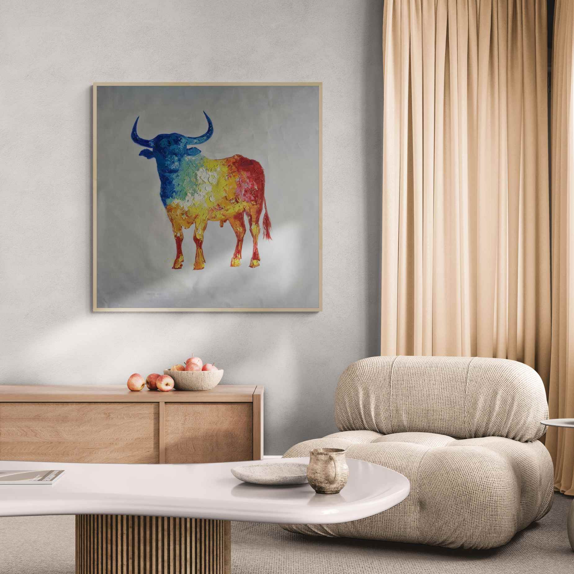 Pintura de un toro en óleo sobre lienzo, con pinceladas texturizadas y contrastes impactantes.