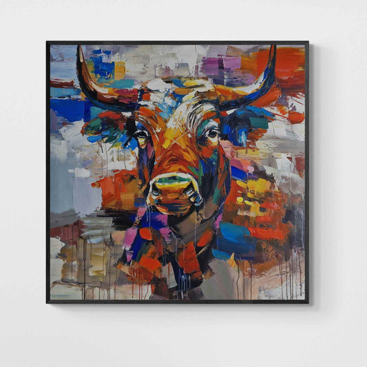Cuadro decorativo de toro al óleo abstracto y colores intensos