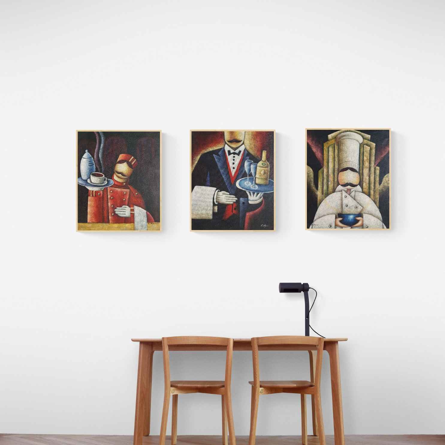Cuadro al óleo para cocina y restaurante con tres personajes vintage