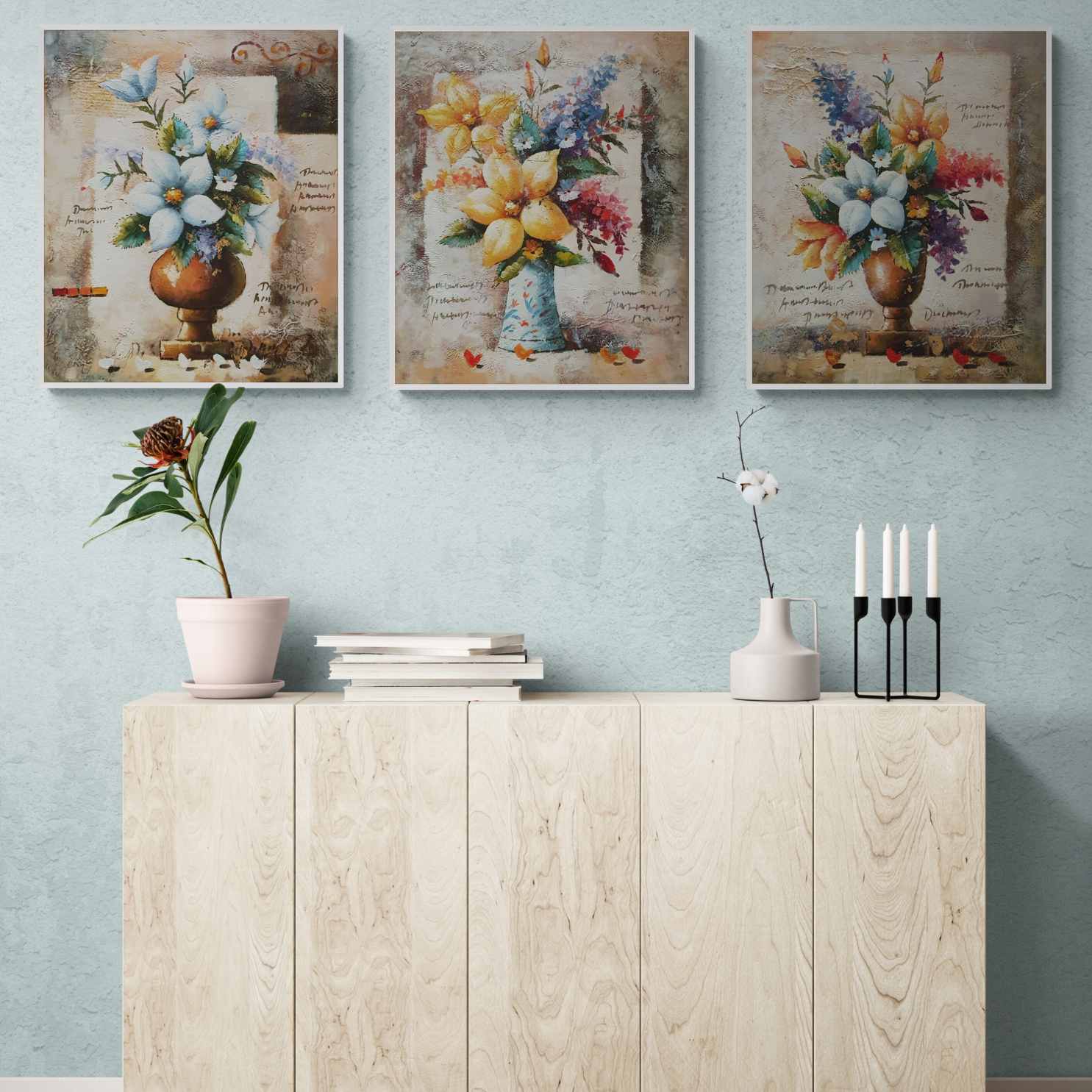 Arte floral para paredes – tríptico original y artesanal