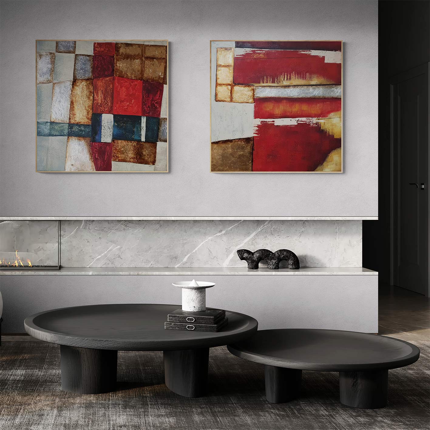 Pintura abstracta en lienzo con tonos cálidos y metálicos