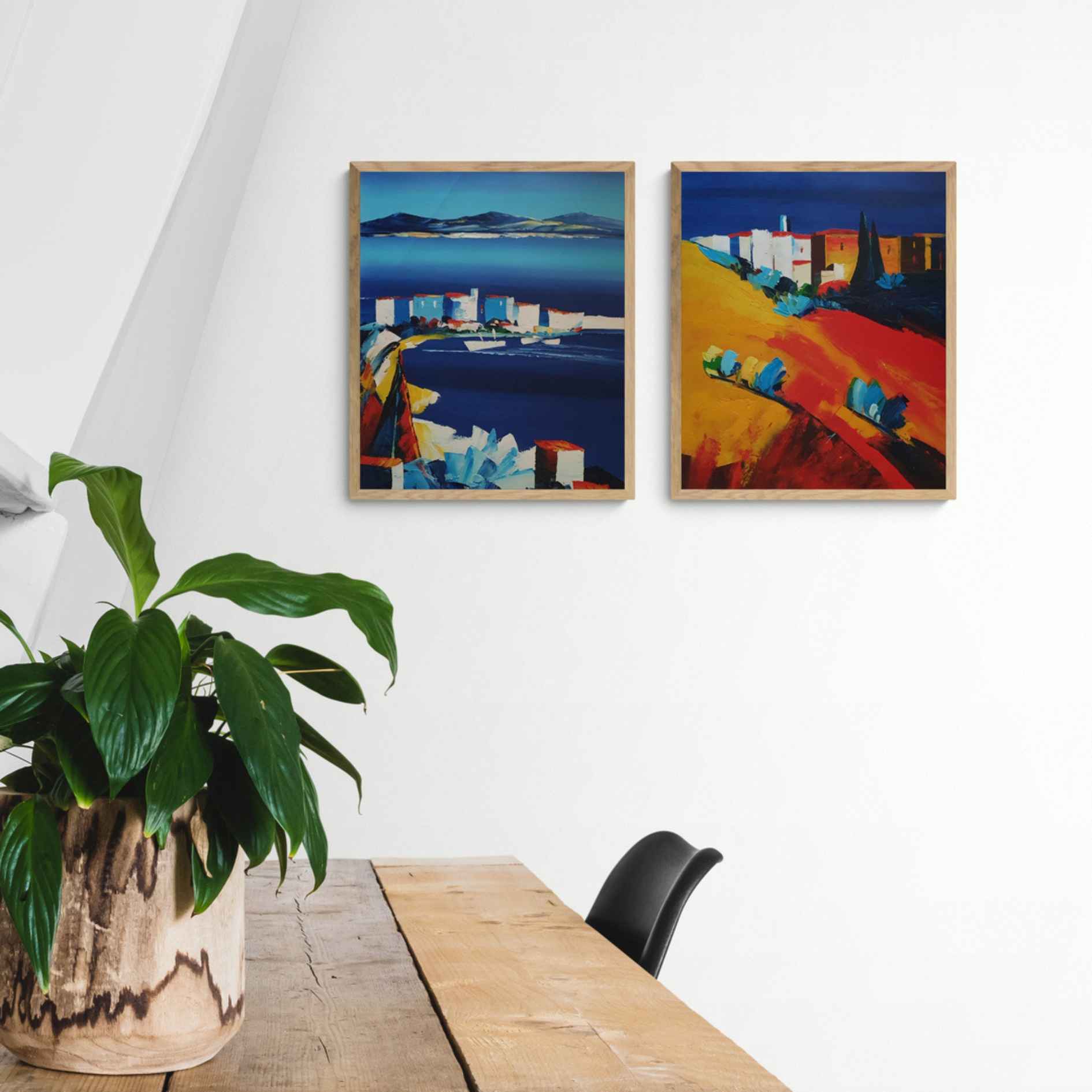 Díptico de cuadros decorativos pintados al óleo con paisajes mediterráneos