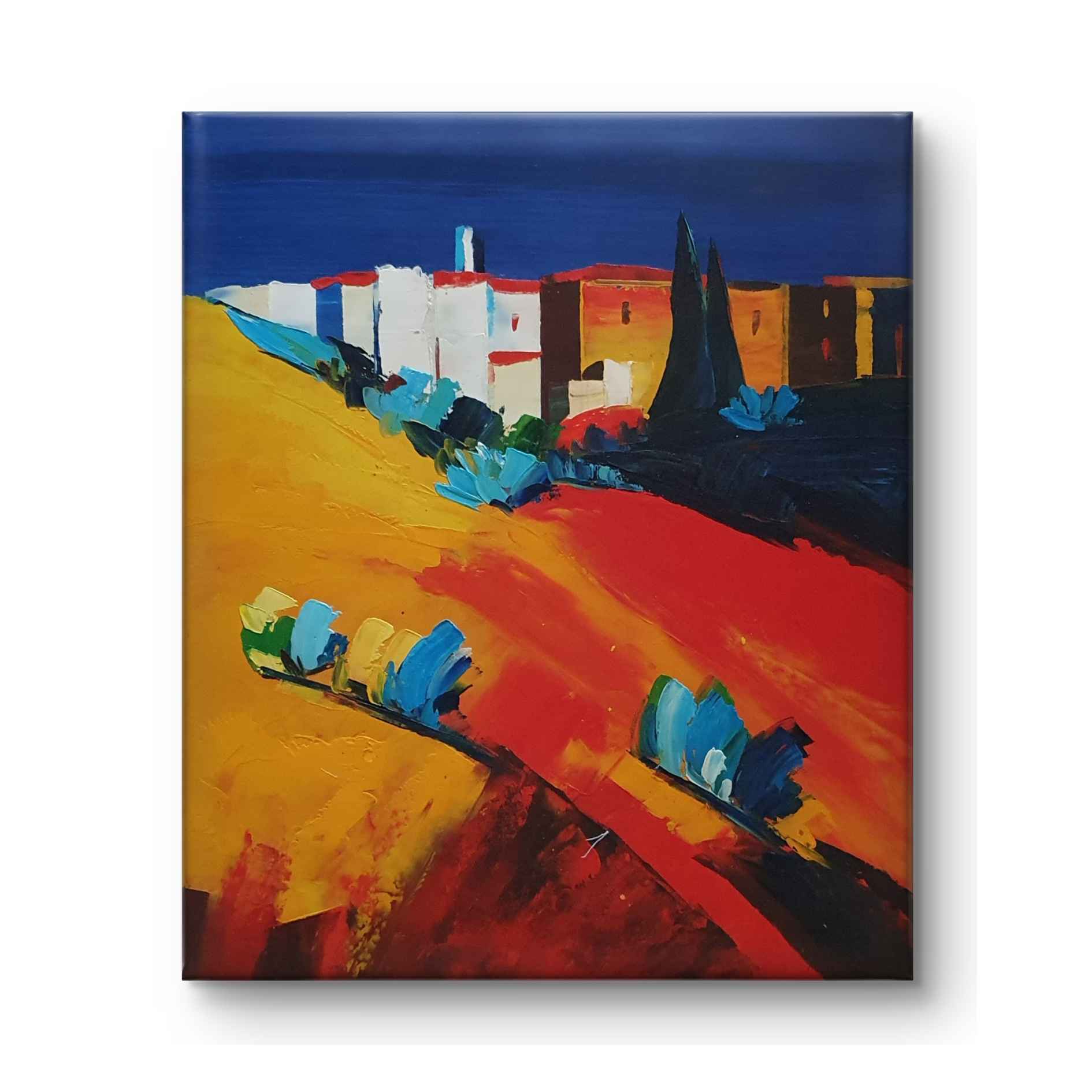 Pareja de cuadros de paisaje mediterráneo y casa blancas con pincelada abstracta