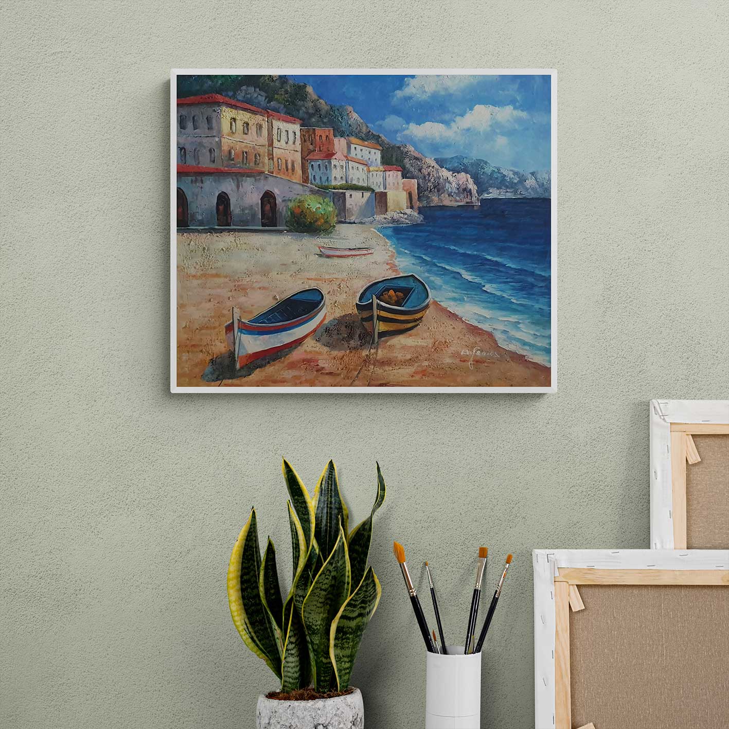 Pintura de paisaje marino con casas y barcas en la playa