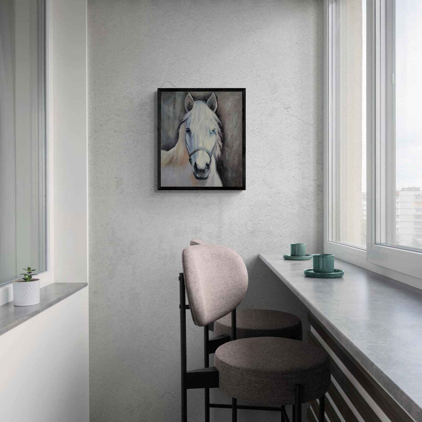 Lienzo pintado a mano al óleo de caballo en color blanco en tamaño pequeño