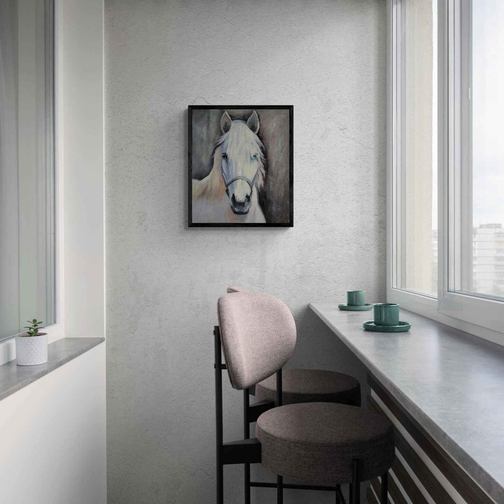 Lienzo pintado a mano al óleo de caballo en color blanco en tamaño pequeño