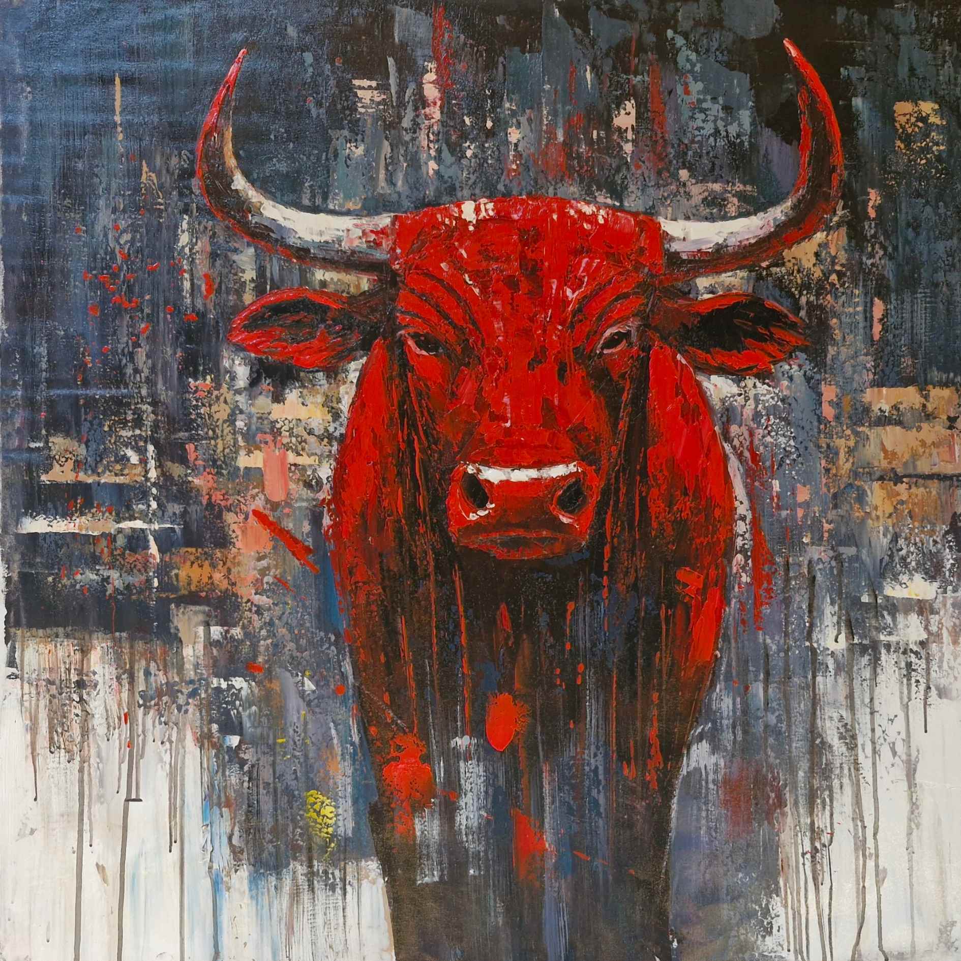 Arte moderno con figura de toro en rojo