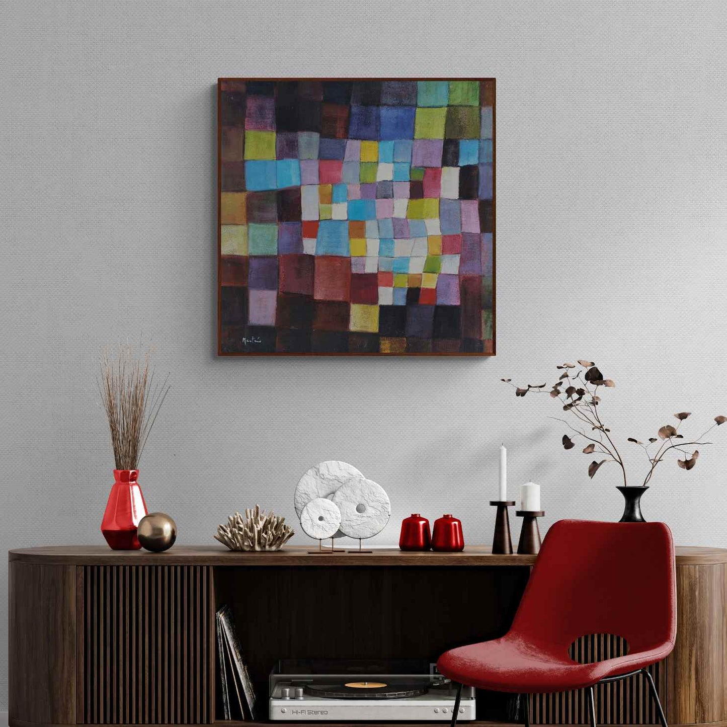 Pintura al óleo con diseño moderno en tonos azules, verdes, rojos y amarillos