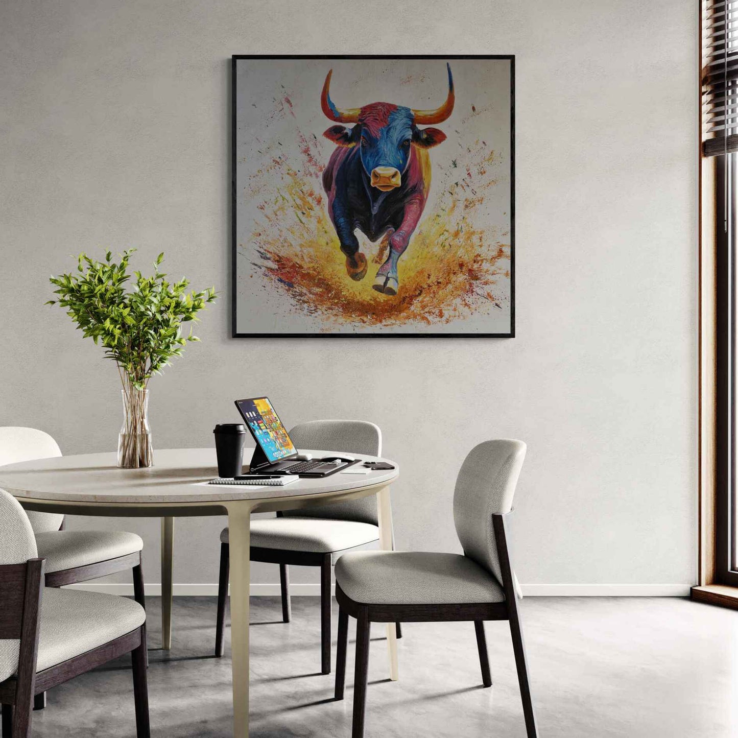Lienzo artistico con toro multicolor pintado a mano