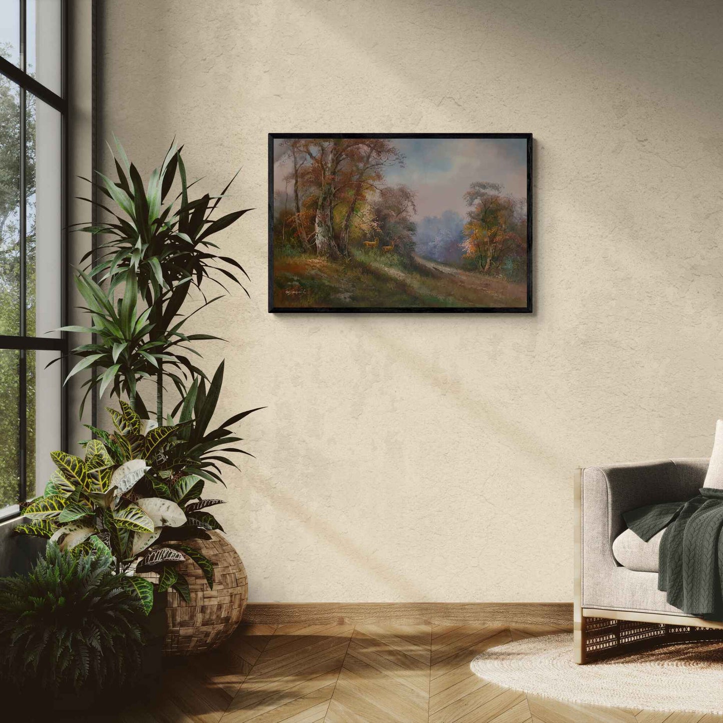 Lienzo decorativo con bosque y ciervos