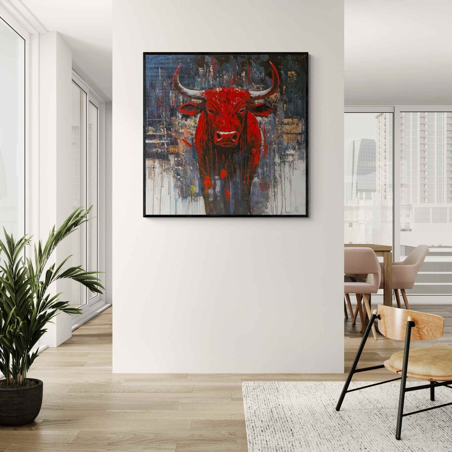 Toro rojo sobre fondo urbano en lienzo