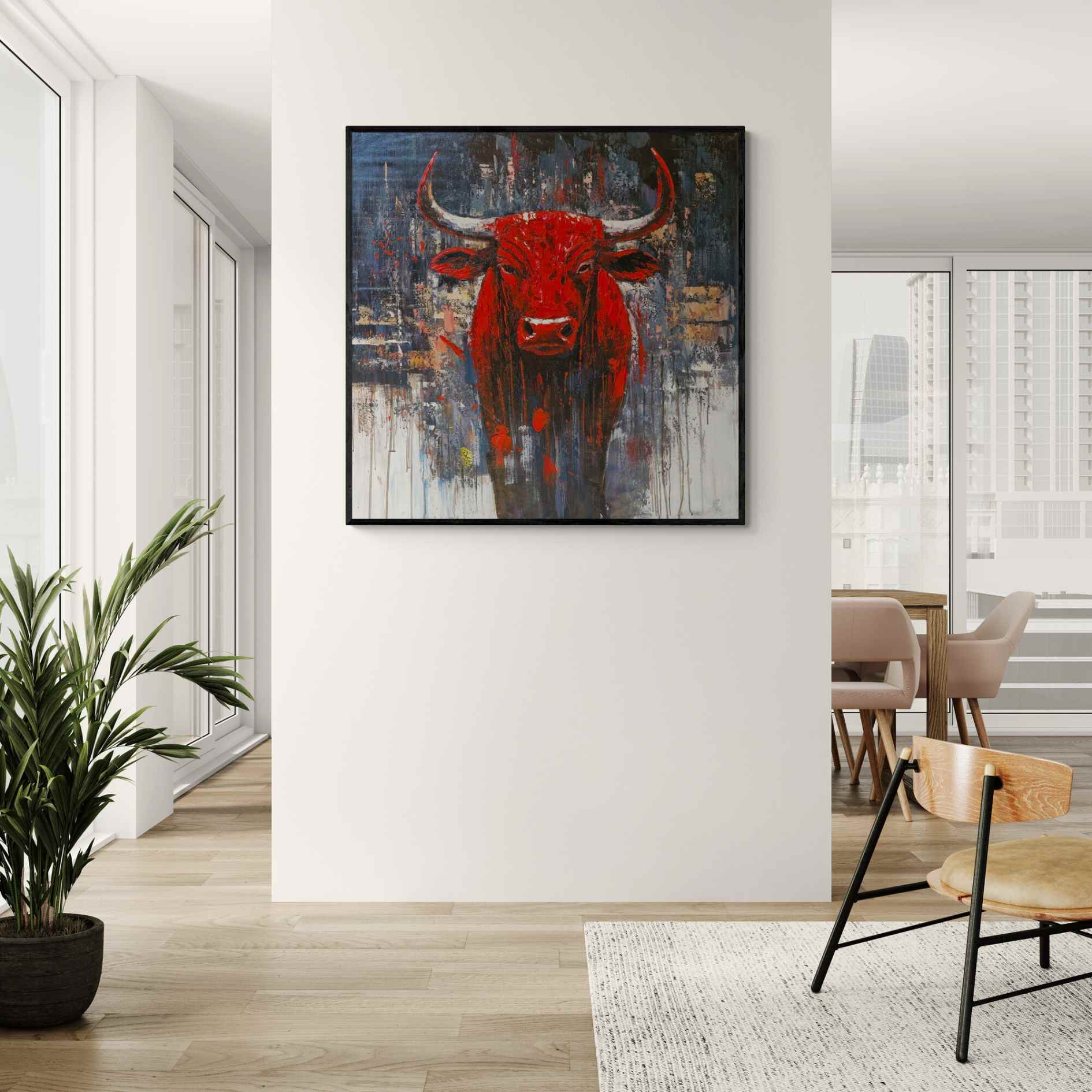 Toro rojo sobre fondo urbano en lienzo